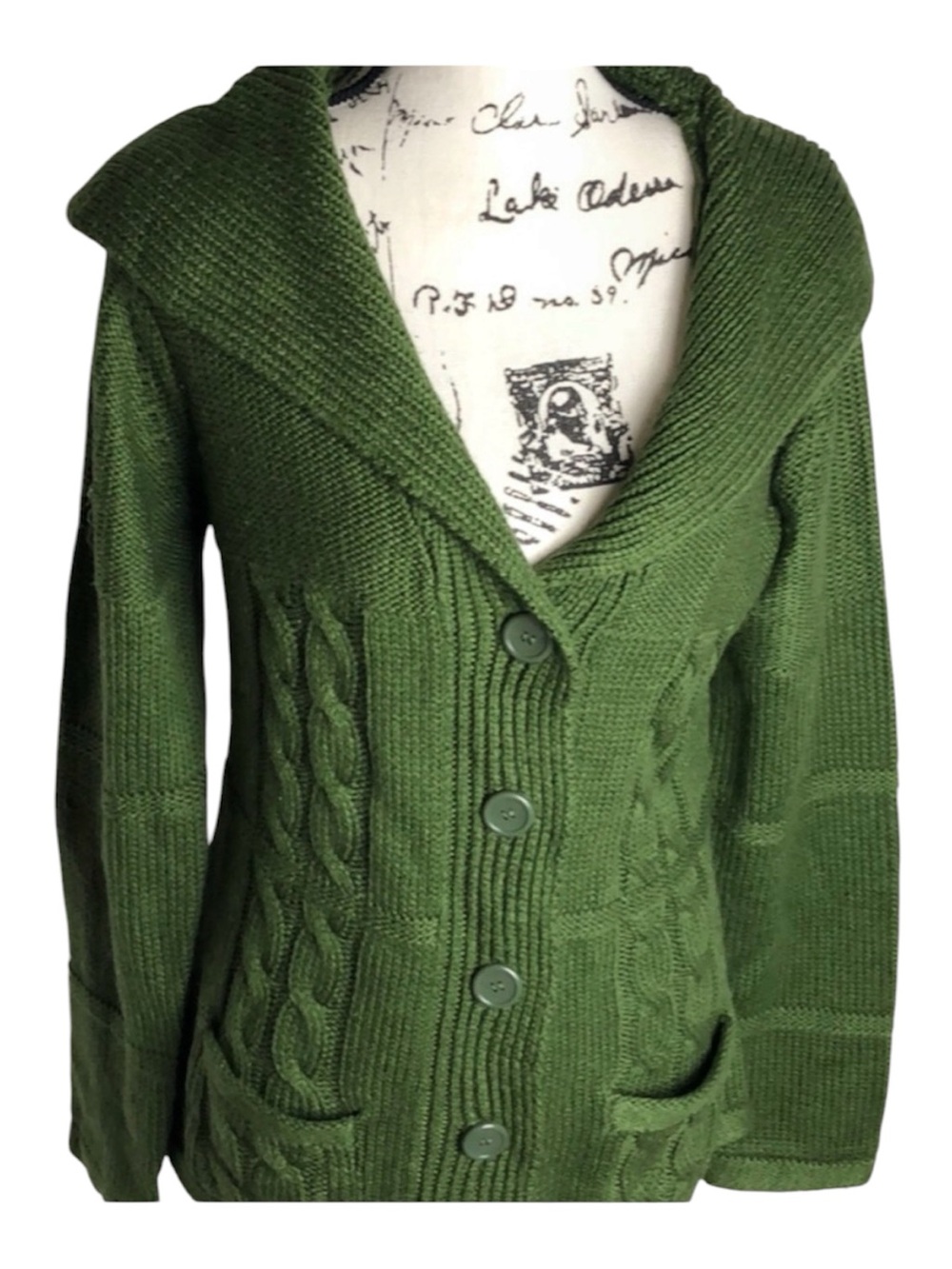 Women’s Green Chunky Knit Cardigan Sweater Cable Knit Button Front Size L